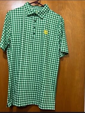 Green Gingham Short-Sleeve Polo with Contrast Chest Emblem